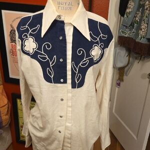 Men's Western Embroidered Dress Shirt - Cream and Blue